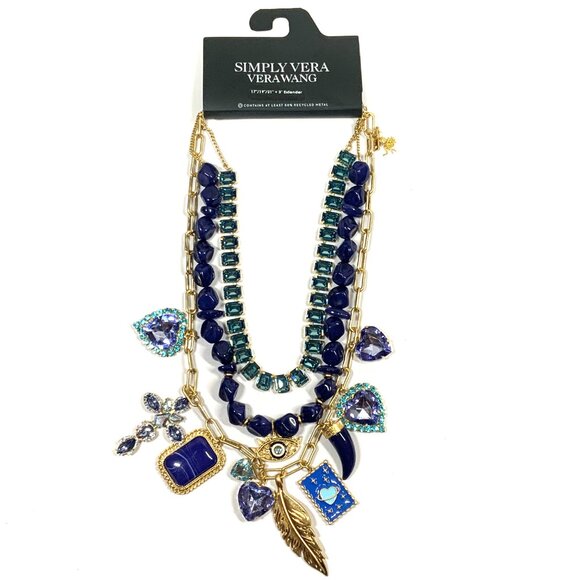 Simply Vera Wang Gold Tone 3 Row Charm Statement Necklace Evil Eye Heart Feather - Picture 5 of 9